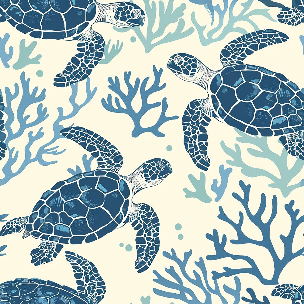 Pattern of illustrated sea turtles and coral in shades of blue on a light background.