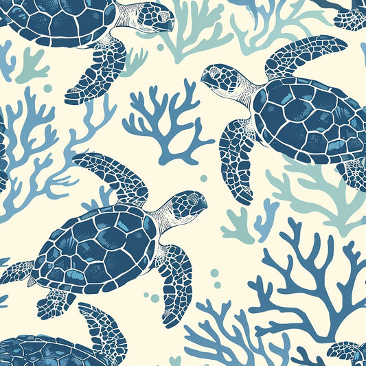 Pattern of illustrated sea turtles and coral in shades of blue on a light background.