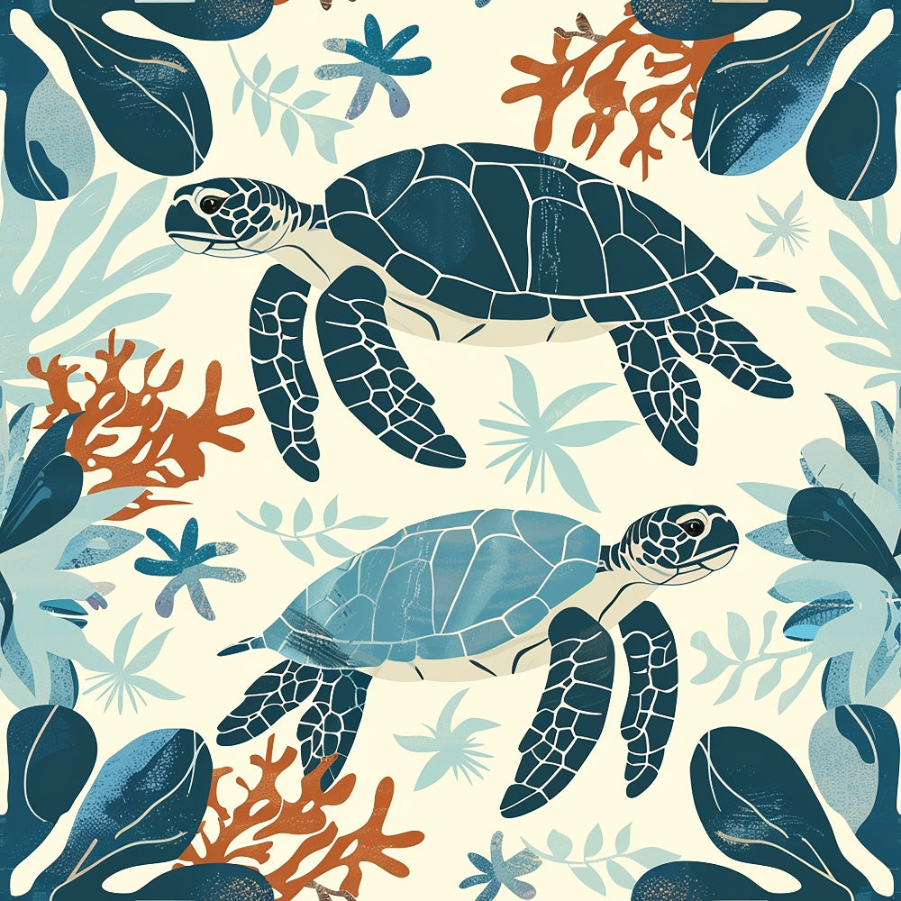 Illustrated sea turtles amidst coral and seaweed patterns in shades of blue and orange on a light background.