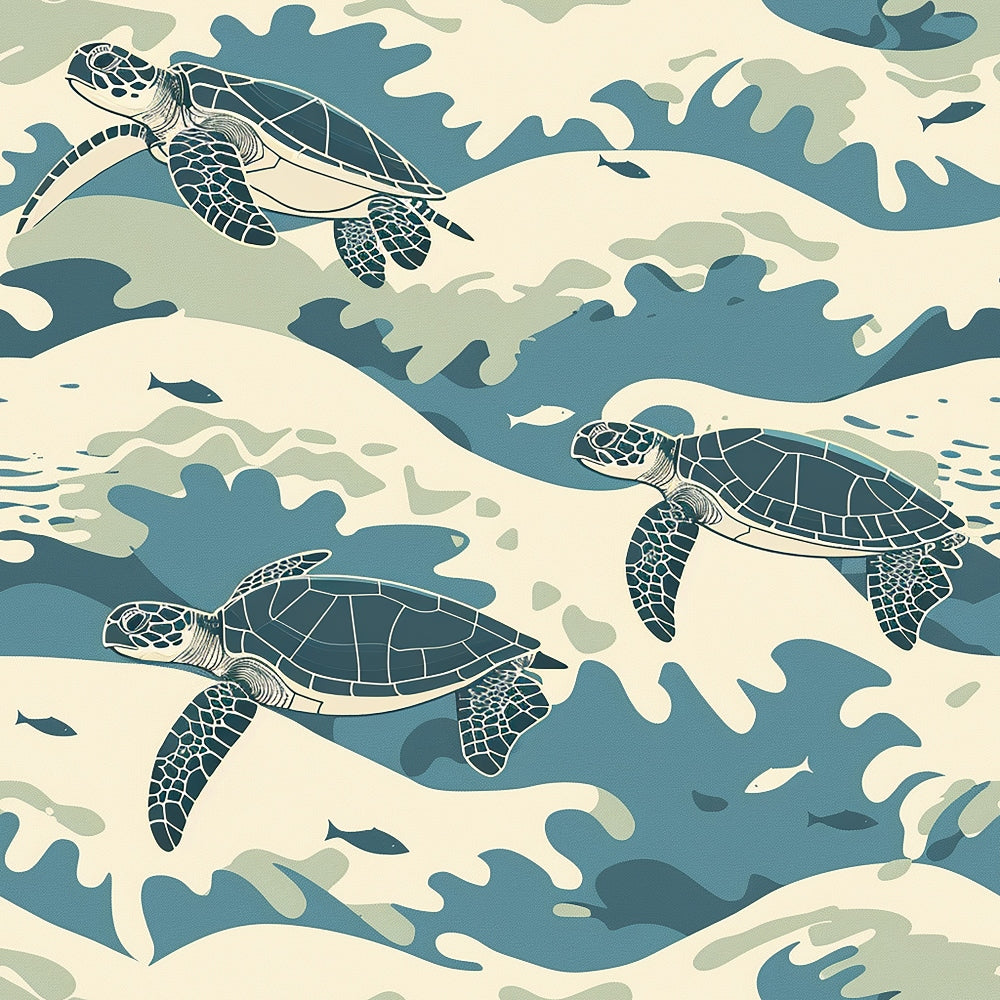 Illustrated image of three sea turtles swimming among stylized ocean waves with small fish around them. The colors are mainly shades of blue, green, and beige.