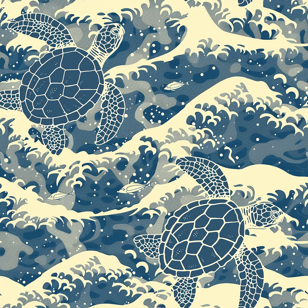 Illustrated pattern of sea turtles swimming among stylized ocean waves and fish, using shades of blue and beige.