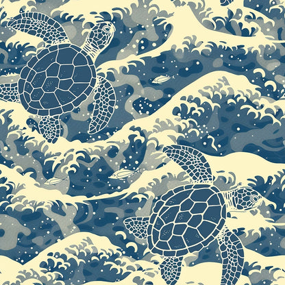 Illustrated pattern of sea turtles swimming among stylized ocean waves and fish, using shades of blue and beige.