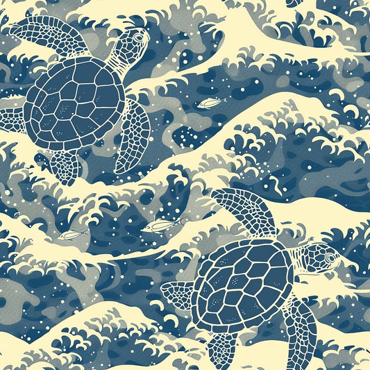 Illustrated pattern of sea turtles swimming among stylized ocean waves and fish, using shades of blue and beige.