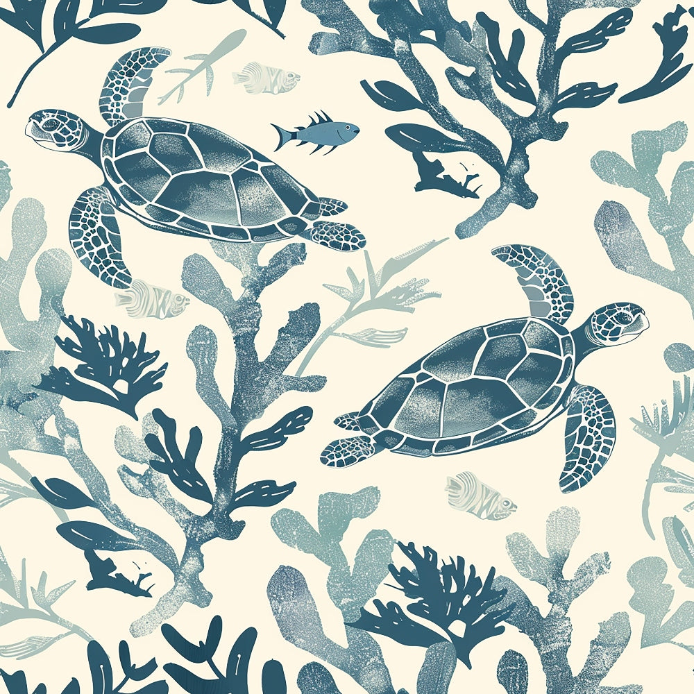 Illustration of two sea turtles swimming among coral and fish, using shades of blue and teal on a light background.