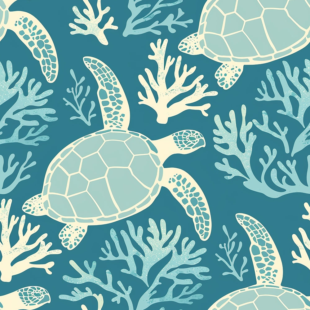 Pattern of sea turtles and coral in shades of blue and teal on a dark background.