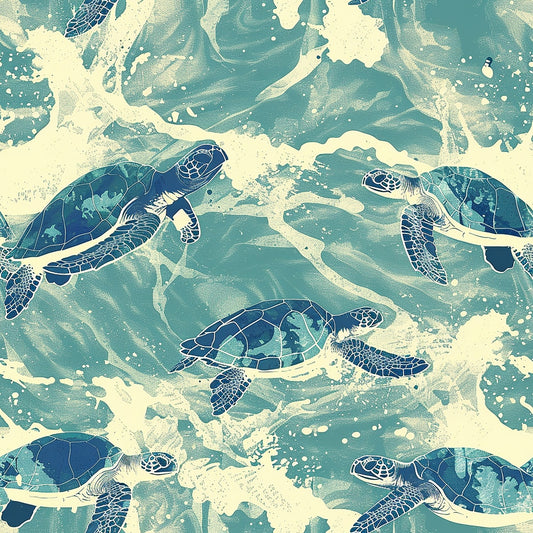 Illustrated sea turtles swimming against a swirling teal and cream background.