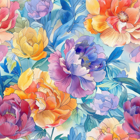 Handpainted Watercolor Peonies Pattern 10 Quilting Cotton Fabric