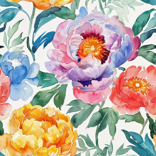 Handpainted Watercolor Peonies Pattern 11 Quilting Cotton Fabric