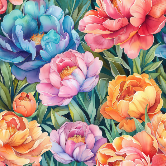 Handpainted Watercolor Peonies Pattern 3 Quilting Cotton Fabric