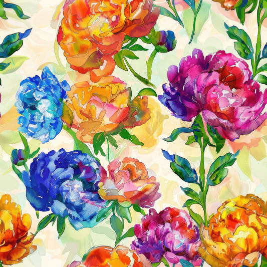 Handpainted Watercolor Peonies Pattern 4 Quilting Cotton Fabric