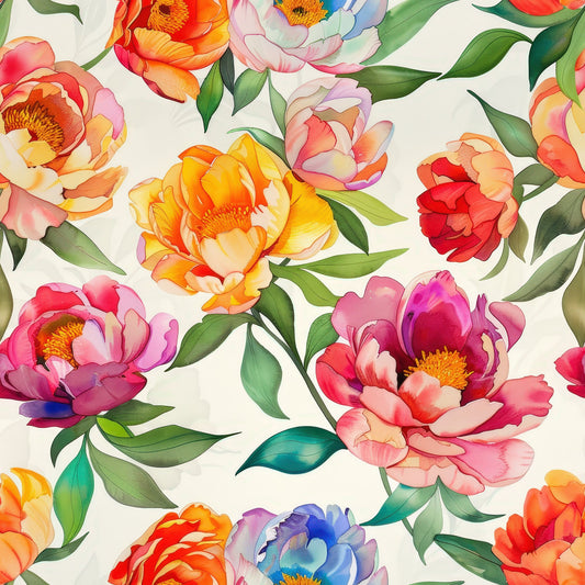 Handpainted Watercolor Peonies Pattern 5 Quilting Cotton Fabric