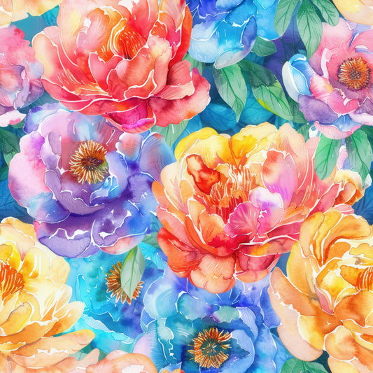 Handpainted Watercolor Peonies Pattern 6 Quilting Cotton Fabric