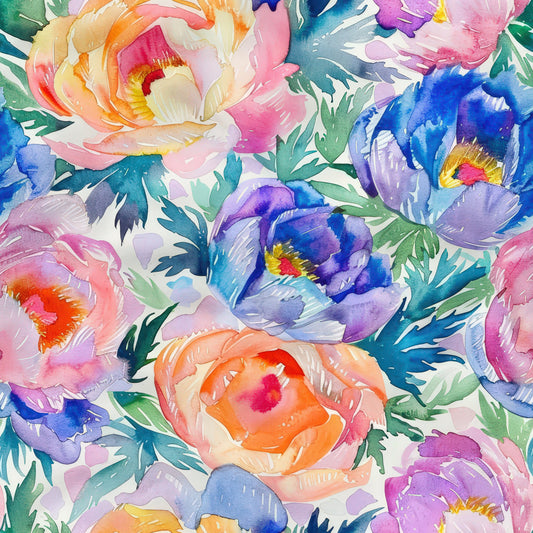 Handpainted Watercolor Peonies Pattern 7 Quilting Cotton Fabric