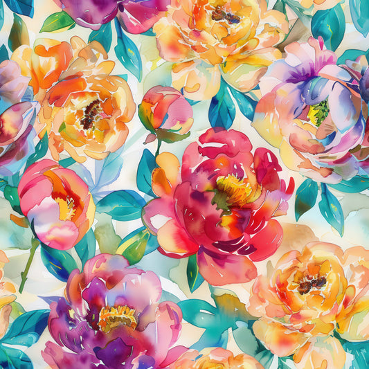 Handpainted Watercolor Peonies Pattern 8 Quilting Cotton Fabric