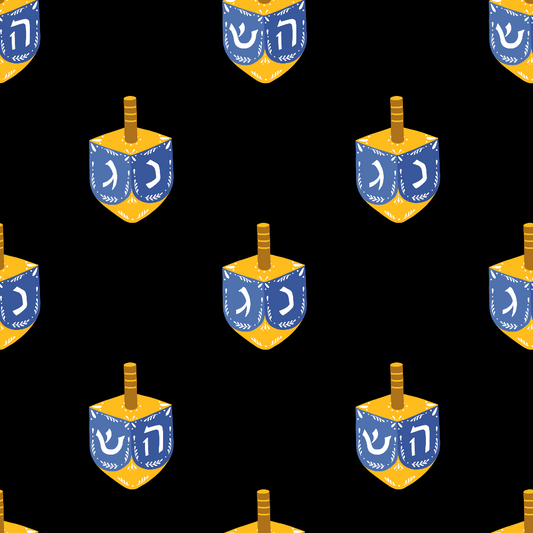 Seamless pattern of blue dreidels with Hebrew letters on a black background.