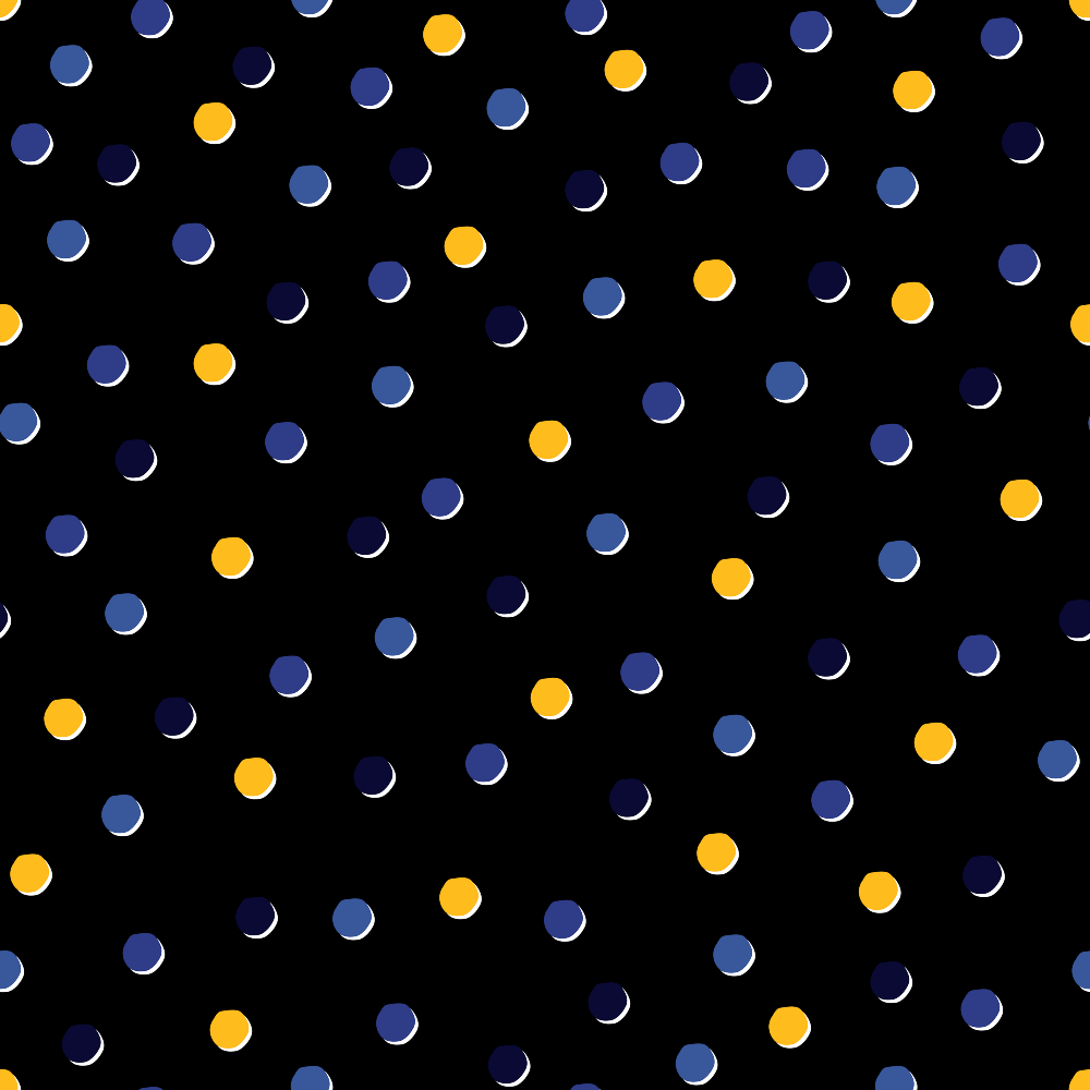 Pattern of evenly spaced yellow, light blue, and dark blue dots on a black background.