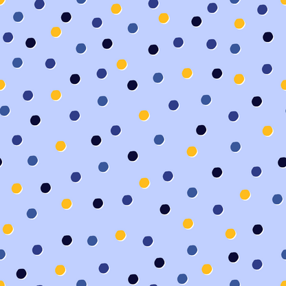 Pattern of blue and yellow polka dots on a light purple background.