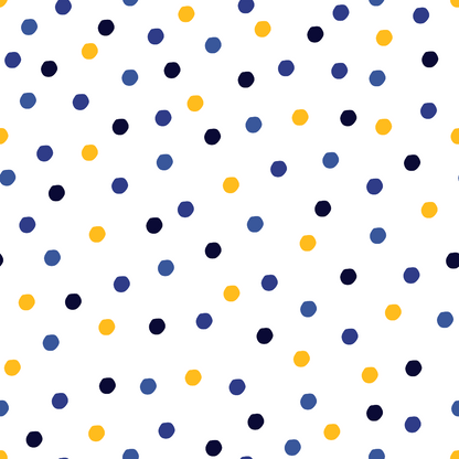 Pattern of evenly spaced polka dots in blue, navy, and yellow on a white background.