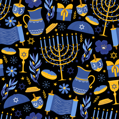 Seamless pattern featuring Hanukkah symbols: menorahs, dreidels, gifts, candles, oil jugs, Star of David, donuts, and scrolls, in blue, yellow, and white on a black background.