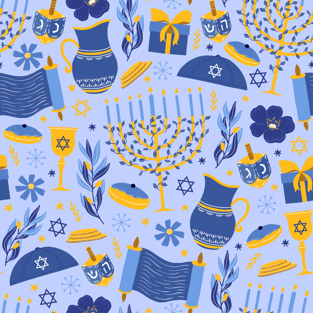 Pattern with Hanukkah symbols like menorahs, dreidels, scrolls, and stars on a light blue background.