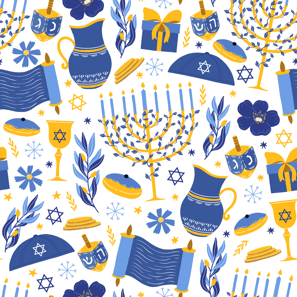 blue, yellow, white, hanukkah, menorah, dreidel, star of david, kippah, torah scroll, gift boxes, candles, olive branches, flowers, snowflakes, festival of lights, jewish holiday, quilting cotton, fabric panel, seamless pattern, religious symbols, ceremonial objects, winter celebration, folk art style, festive design