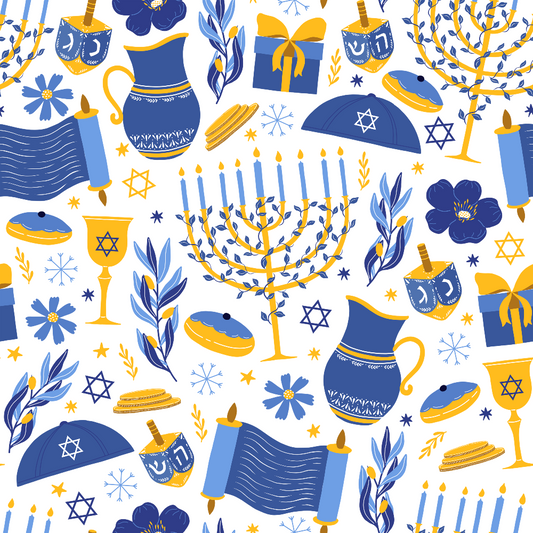 Pattern with Hanukkah elements: menorahs, dreidels, gifts, Star of David, scrolls, donuts, and flowers in blue and gold.