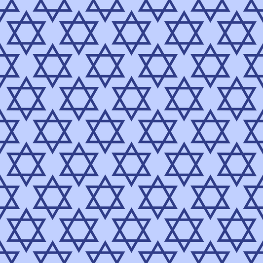 Pattern of interlocking blue Stars of David on a light blue background.