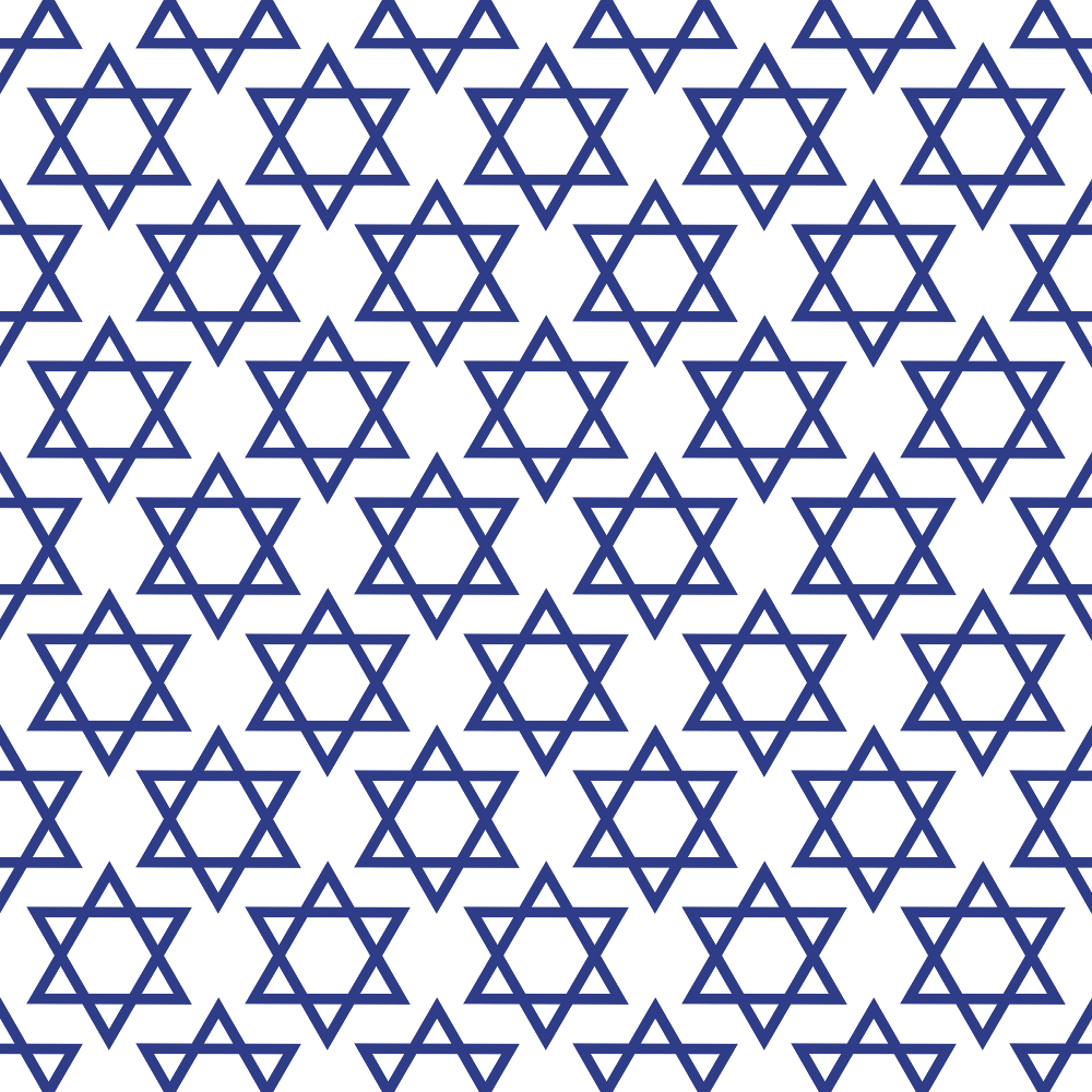 Pattern of blue Stars of David evenly spaced on a white background.