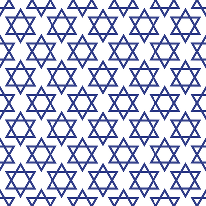 Pattern of blue Stars of David evenly spaced on a white background.