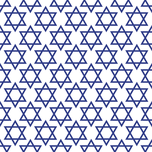 Pattern of blue Stars of David evenly spaced on a white background.