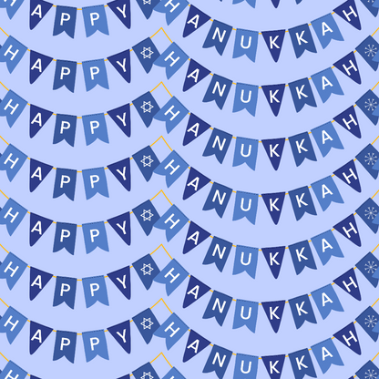 Blue and white bunting displays the message Happy Hanukkah repeatedly, interspersed with Star of David symbols, against a light blue background.