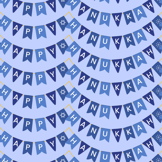 Blue and white bunting displays the message Happy Hanukkah repeatedly, interspersed with Star of David symbols, against a light blue background.