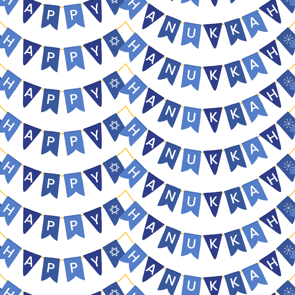 Blue and white bunting flags with Happy Hanukkah and Star of David patterns arranged in rows.