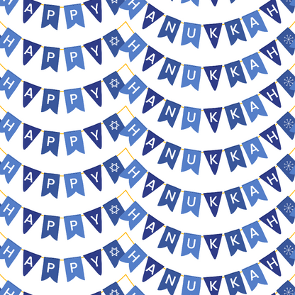 Blue and white bunting flags with Happy Hanukkah and Star of David patterns arranged in rows.