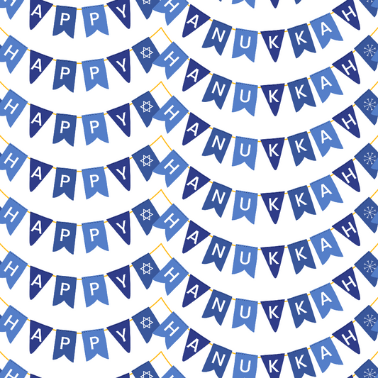 Blue and white bunting flags with Happy Hanukkah and Star of David patterns arranged in rows.