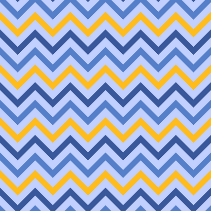 Chevron pattern with alternating blue shades and yellow zigzag stripes.