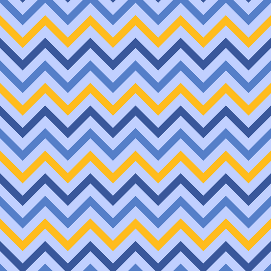 Chevron pattern with alternating blue shades and yellow zigzag stripes.