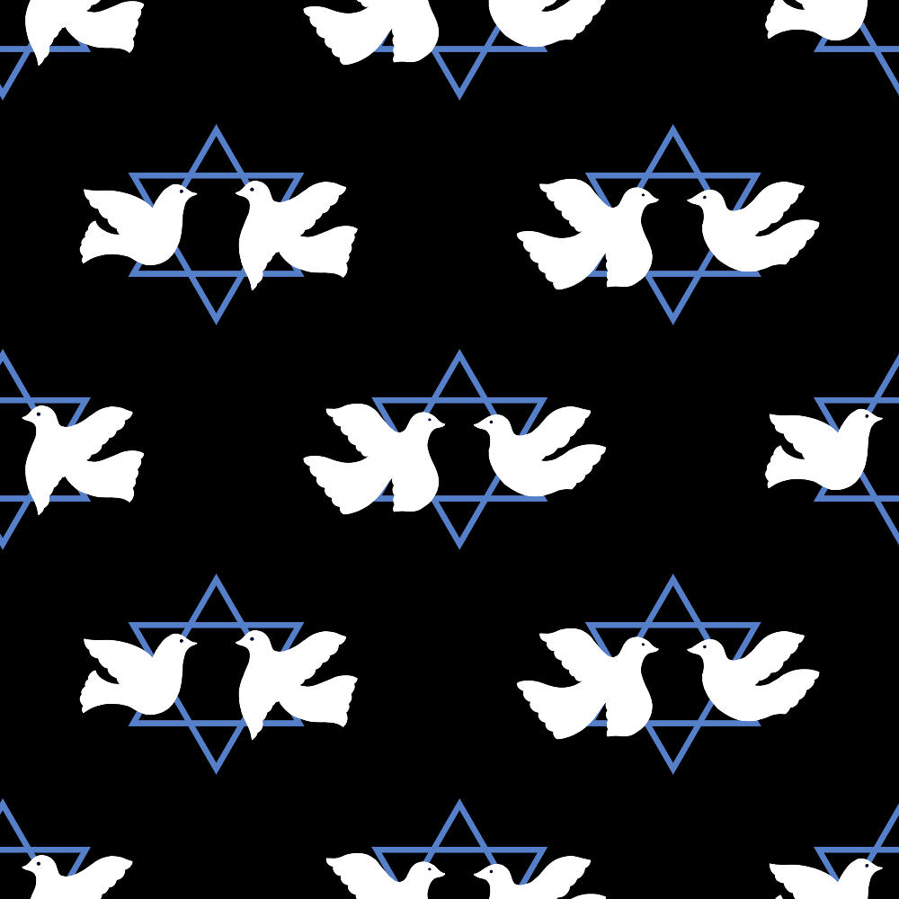 Pattern of white doves and blue Stars of David on a black background.