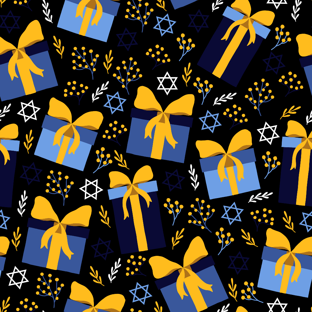 Pattern of blue gift boxes with yellow ribbons, Star of David symbols, and floral elements on a black background.