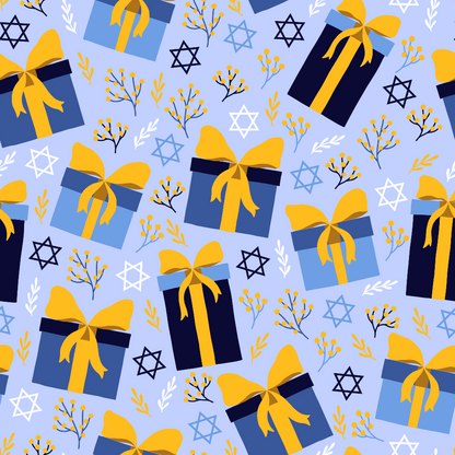 Patterned image featuring blue and yellow gift boxes with bows, Star of David symbols, and small floral elements on a light blue background.