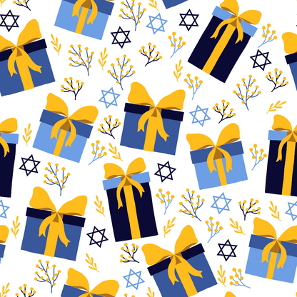 Pattern of blue gift boxes with yellow bows, yellow sprigs, and blue Stars of David on a white background.