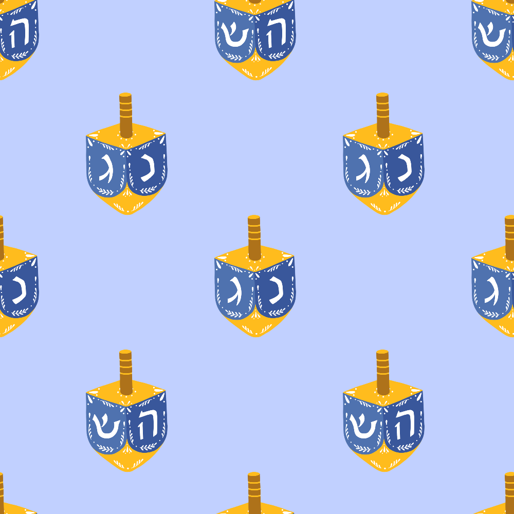 Pattern of yellow and blue dreidels on a light purple background, each featuring Hebrew letters.