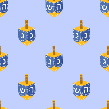 Pattern of yellow and blue dreidels on a light purple background, each featuring Hebrew letters.