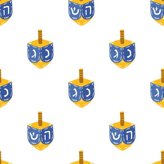 Pattern of blue and yellow dreidels with Hebrew letters on a white background.