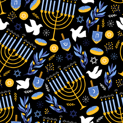 Pattern featuring menorahs, doves, dreidels, olive branches, Star of David symbols, and donuts on a black background.