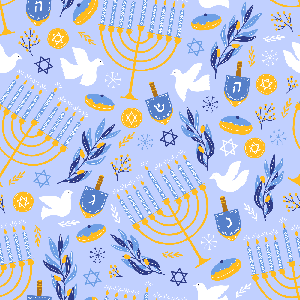 Hanukkah-themed pattern with menorahs, dreidels, doves, Stars of David, and donuts on a light blue background.