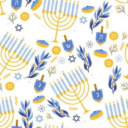 Hanukkah-themed pattern with menorahs, dreidels, Star of David symbols, donuts, olive branches, and candles in blue and yellow on a white background.