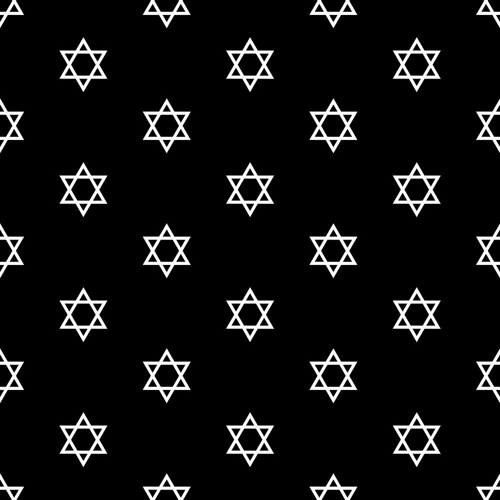 White Star of David pattern on a black background, arranged in a repeating grid formation.