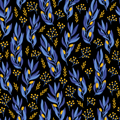 Seamless pattern with blue leaves and yellow berries on a black background.