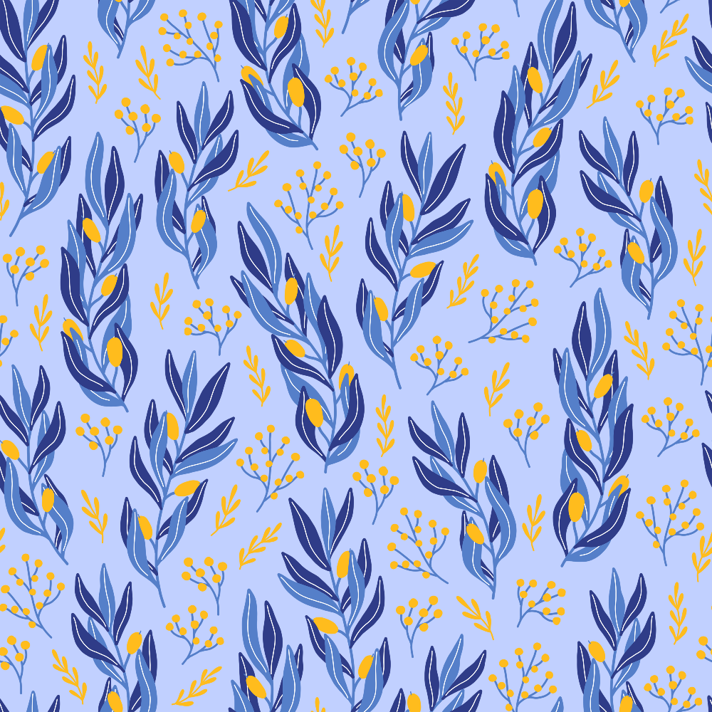 Pattern of blue leaves and yellow flowers on a light blue background.